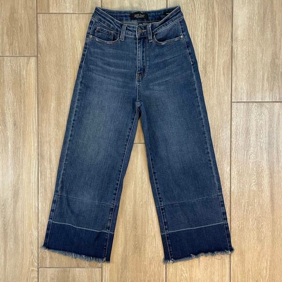 Judy Blue Wide Leg Crop Jeans 3/26 Raw Hem High Rise Stretch Denim Pants - Picture 1 of 12